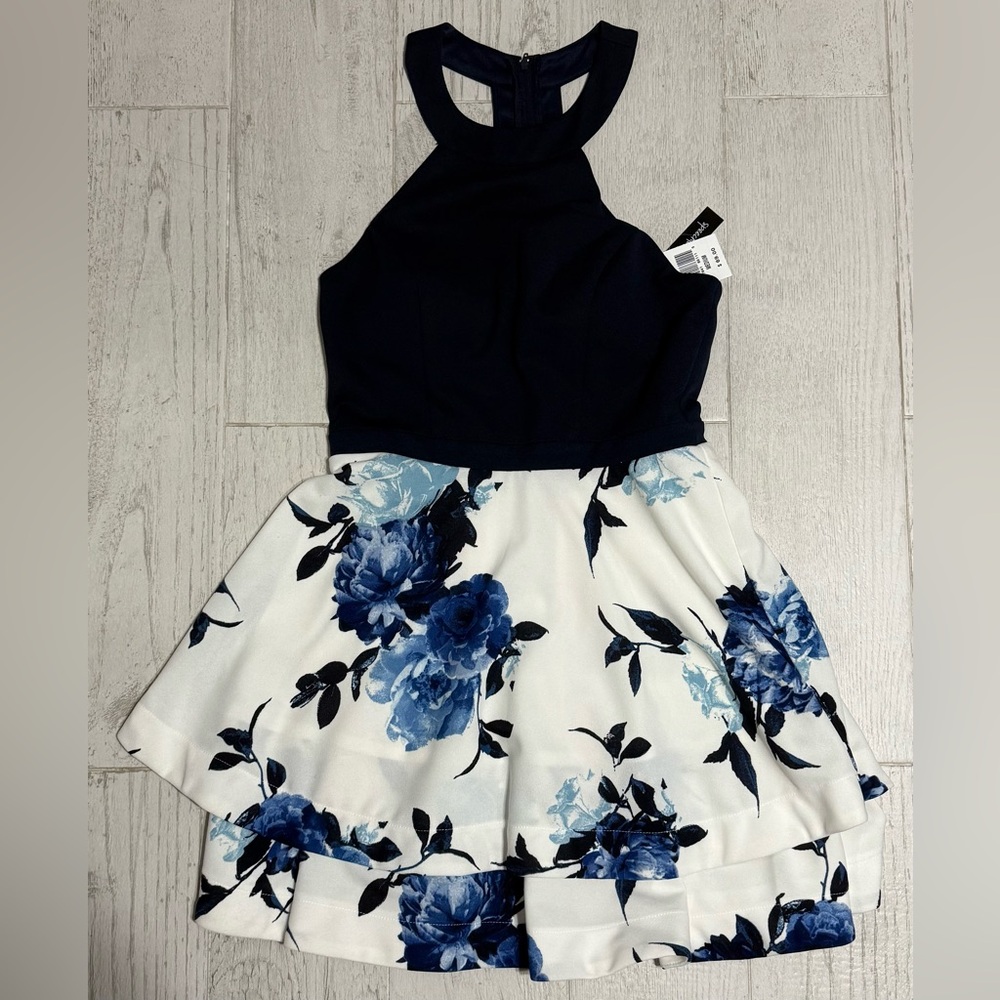 Speechless Navy & Floral Halter Fit and Flare Dress - Medium (NWT)